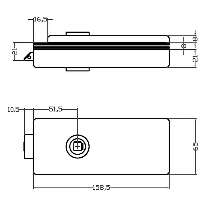 Inova Zimmertür Zimmertür Glas Komplettset mit Studio Beschlag in schwarz - 834 x 1.972 mm, DIN Anschlag: Links/Rechts, Schwarz - Technische Zeichnung eines rechteckigen Schlossmechanismus mit Maßen und Schlüsselloch.