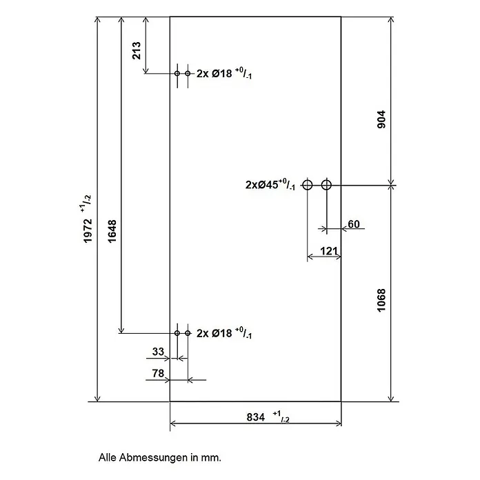 Inova Zimmertür Zimmertür Glas Komplettset mit Studio Beschlag in schwarz - 834 x 1.972 mm, DIN Anschlag: Links/Rechts, Schwarz - Technische Zeichnung einer rechteckigen Platte, 1972x834mm, mit zwei Paaren von Ø18mm Löchern links und zwei Ø45mm Löchern rechts.