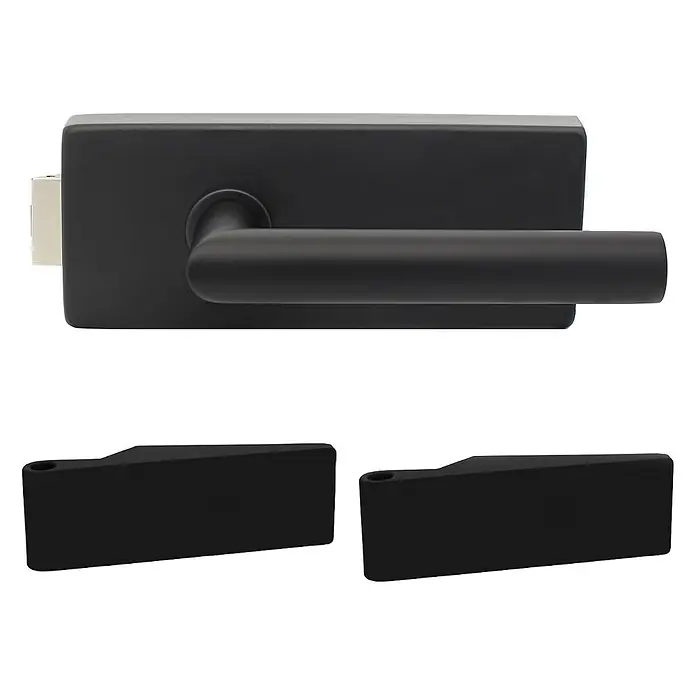 Inova Zimmertür Zimmertür Glas Komplettset mit Studio Beschlag in schwarz - 834 x 1.972 mm, DIN Anschlag: Links/Rechts, Schwarz - Mattes schwarzes Türdrückergarnitur mit rechteckiger Platte und zwei trapezförmigen Abdeckungen.