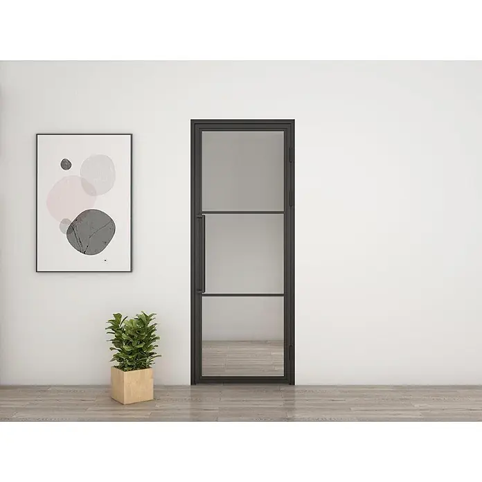 Inova Zimmertür Glasdrehtür ESG Glastür Komplettset 930 x 2315 Klarglas Griffstange - 930 x 2.315 mm, DIN Anschlag: Rechts, Schwarz - Moderne schwarze Metallrahmentür mit drei transparenten Glaspaneelen und schlankem Griff.