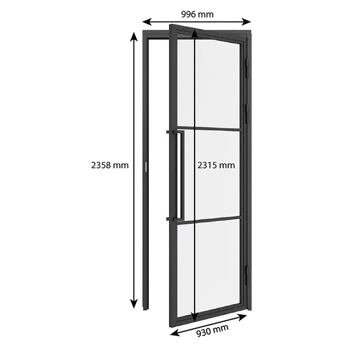 Inova Zimmertür Glasdrehtür ESG Glastür Komplettset 930 x 2315 Satiniert Griffstange - 930 x 2.315 mm, DIN Anschlag: Rechts, Schwarz - Schwarz gerahmte Glastür mit Griff, in Scheiben unterteilt, und Gesamtmaßen.
