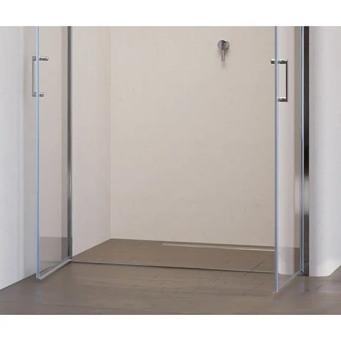 i-flair Dusch-Pendeltür AC73 - Silber, Beschichtet, Glasstärke: 6 mm - Eckduschkabine mit Klarglaswänden, Chromgriffen und einem Linienablauf auf einer Duschwanne.