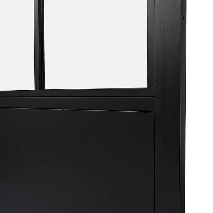 Inova Zimmertür Lofttür Komplettset Stahl DIN Rechts - 930 x 2.040 mm, DIN Anschlag: Rechts, Schwarz - Schwarzer Metall-Tür-/Trennwandsabschnitt mit Glaseinsätzen.