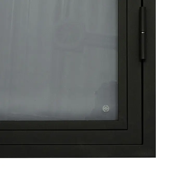 Inova Zimmertür Glasdrehtür ESG Glastür Komplettset DIN Rechts 89 x 215 cm - 830 x 2.115 mm, DIN Anschlag: Rechts, Schwarz - Nahaufnahme einer schwarz gerahmten Glastürplatte mit sichtbarem Scharnier rechts und einer kreisförmigen Markierung auf dem Glas.