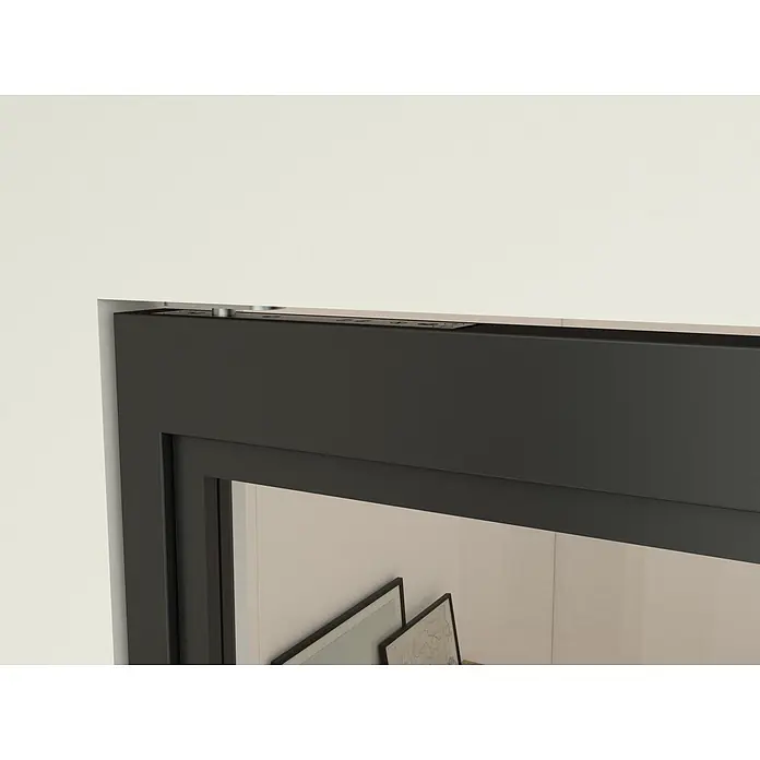 Pivot Schwingtür Loft 830x2115mm Stahl 3 Felder Klarglas schwarz -  - Dunkelgrauer Kamineinsatzrahmen mit strukturierter Oberfläche, der obere Justierungsmechanismen bündig in eine Wand montiert zeigt.