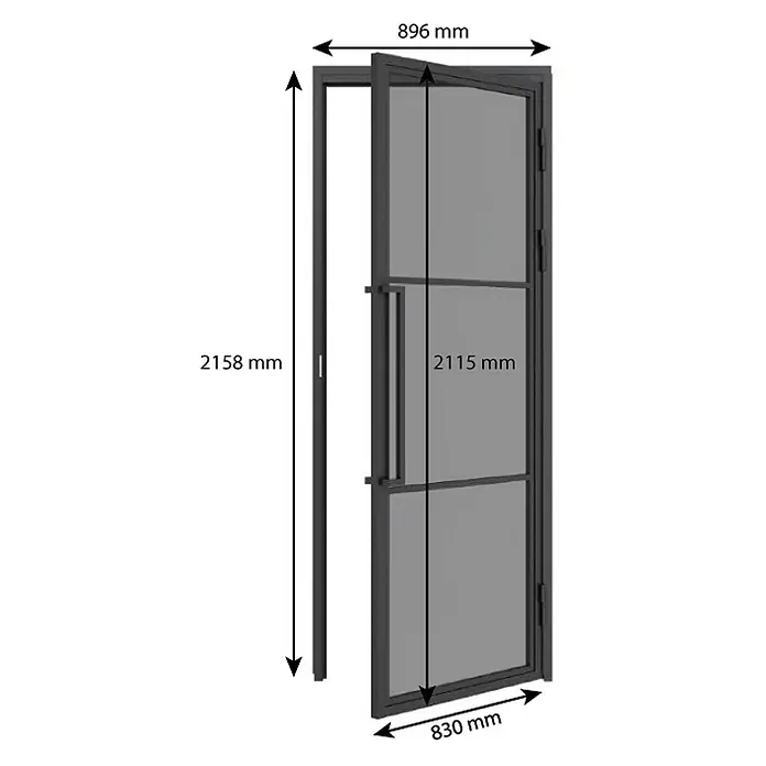 Inova Zimmertür Glasdrehtür ESG Glastür Komplettset Grauglas 830 x 2115 Griffstange - 830 x 2.115 mm, DIN Anschlag: Rechts, Schwarz - Dunkle Rahmentür mit Glasfeldern. Rahmengröße: 2158x896 mm; Türgröße: 2115x830 mm.