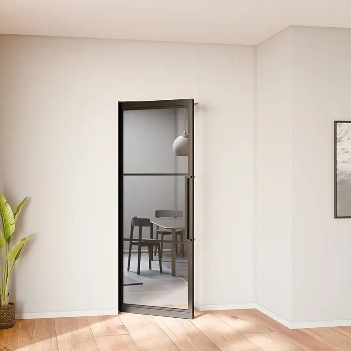 Pivot Schwingtür Loft 830x2115mm Stahl 3 Felder Klarglas schwarz -  - Schwarze gläserne Innentür mit Rahmen, trennt Räume und lässt Licht durch.