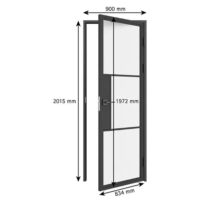 Inova Zimmertür Glasdrehtür ESG Glastür Komplettset 834 x 1972 Satiniert Klinke - 834 x 1.972 mm, DIN Anschlag: Rechts, Schwarz - Graue Metallrahmentür mit Glaseinsätzen und Rahmen, 2015x900mm (HxB). Türblatt 1972x834mm (HxB), teilverglast.