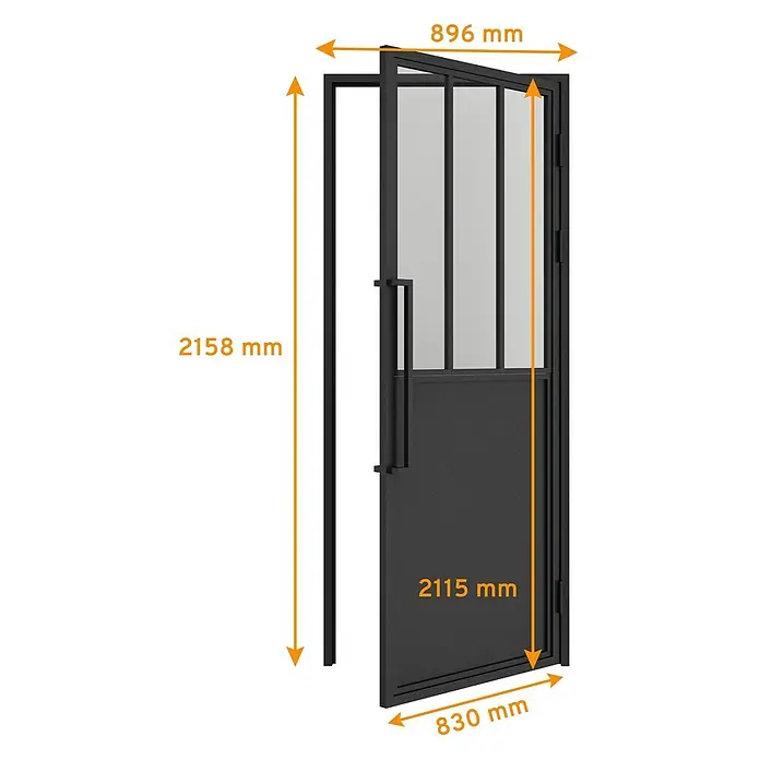 Inova Zimmertür Lofttür Komplettset Stahl DIN Rechts - 830 x 2.115 mm, DIN Anschlag: Rechts, Schwarz - Schwarze Metallrahmentür mit Glasscheiben, teils offen, mit Maßen.