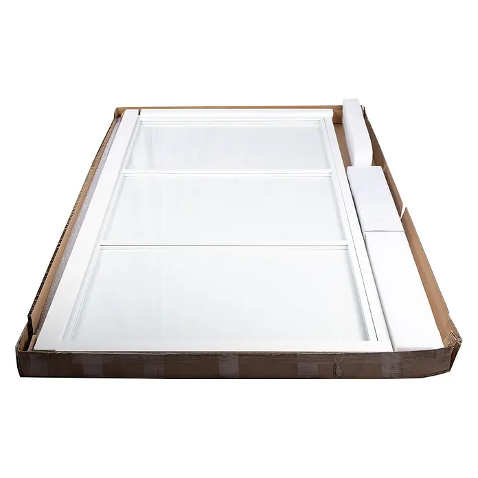 Inova Zimmertür Lofttür Komplettset Stahl DIN Rechts - 834 x 1.972 mm, DIN Anschlag: Rechts, Weiß - Weißes Türpaneel mit Glaseinsätzen, sicher verpackt in einem Karton mit Schutzschaum.