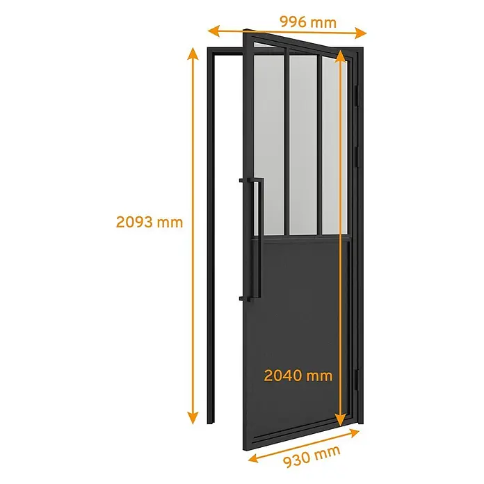 Inova Zimmertür Lofttür Komplettset Stahl DIN Rechts - 930 x 2.040 mm, DIN Anschlag: Rechts, Schwarz - Schwarze Metalltür mit Glaspaneelen und Rahmen, teilweise geöffnet. Abmessungen sind angegeben.