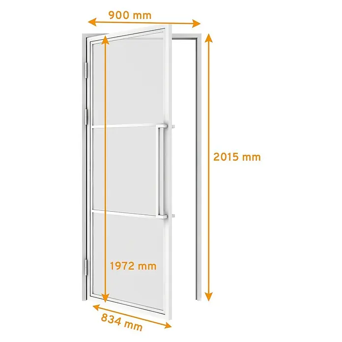 Loft Glastür Weiß 834x1972mm Komplettset Klarglas 3 Felder DIN Links Beschlag mit Griffstange und Zarge -  - Weiße Flügeltür mit durchsichtigen Paneelen und Griff, mit Türblatt- und Rahmenmaßen.
