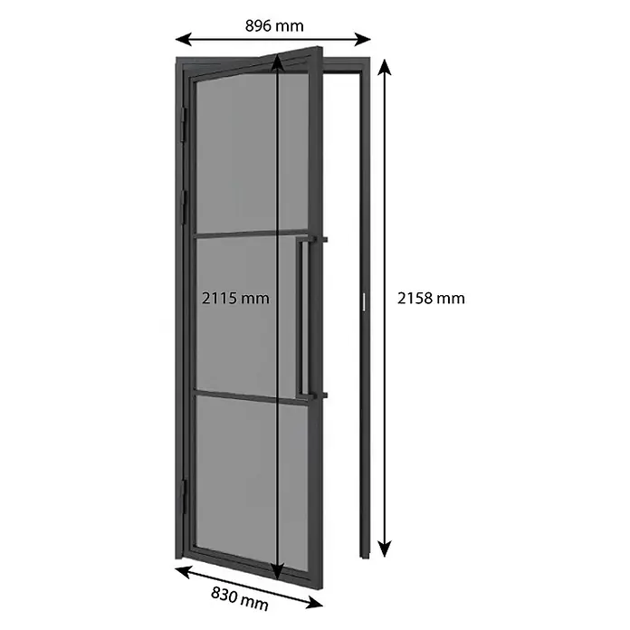 Inova Zimmertür Lofttür Komplettset Stahl DIN Links - DIN Anschlag: Links, Schwarz - Teilweise geöffnete schwarze Metall-Glastür mit Griff, Maße: 2115x830 mm (Tür) und 2158x896 mm (Rahmen).