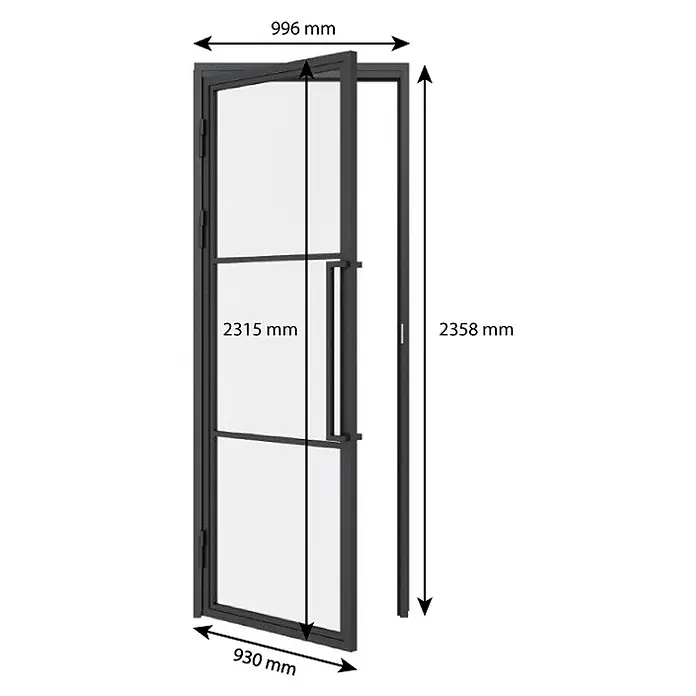 Inova Zimmertür Glasdrehtür ESG Glastür Komplettset 930 x 2315 Klarglas Griffstange - 930 x 2.315 mm, DIN Anschlag: Links, Schwarz - Dunkelgraue Metall-Glastür mit großem Griff, offen gezeigt mit Maßen für Tür und Rahmen.