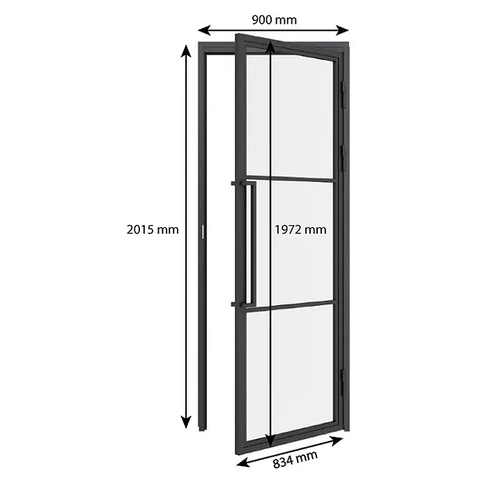Inova Zimmertür Glasdrehtür ESG Glastür Komplettset 834 x 1972 Klarglas Griffstange - 834 x 1.972 mm, DIN Anschlag: Rechts, Schwarz - Schwarze Stahlrahmentür mit Glas, offen mit Maßen: Höhe 2015mm, Breite 900mm.