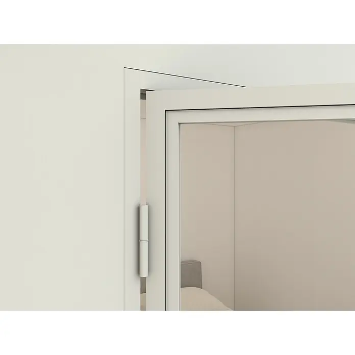 Inova Zimmertür Lofttür Komplettset Stahl DIN Rechts - 834 x 1.972 mm, DIN Anschlag: Rechts, Weiß - Teilweise geöffnete, helle Tür mit sichtbarem Scharnier, die einen Blick in einen Innenraum freigibt.