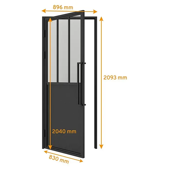 Inova Zimmertür Glasdrehtür ESG Glastür Komplettset 830 x 2040 Klarglas Griffstange - 830 x 2.040 mm, DIN Anschlag: Links, Schwarz - Schwarze Metallrahmentür mit Glas und Zarge, Maße angegeben.