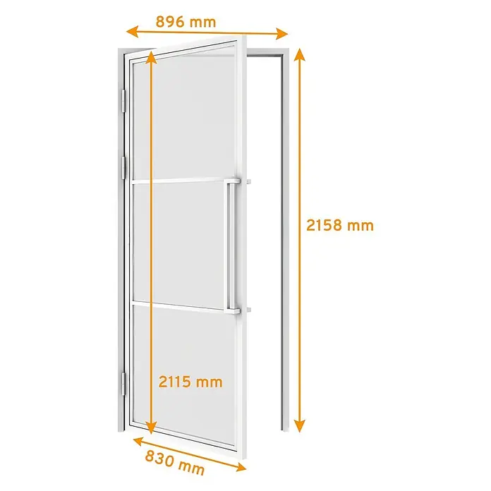 Inova Zimmertür Lofttür Komplettset Stahl DIN Links - 830 x 2.115 mm, DIN Anschlag: Links, Weiß - Weiße Rahmenglastür mit Griff und Scharnieren, Maße: Tür 830x2115mm, Rahmen 896x2158mm.