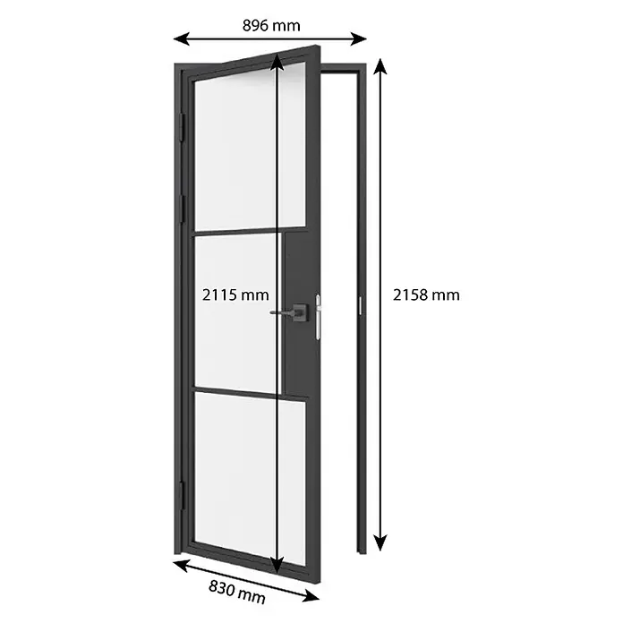 Inova Zimmertür Glasdrehtür ESG Glastür Komplettset 830 x 2115 Satiniert Klinke - 830 x 2.115 mm, DIN Anschlag: Links, Schwarz - Moderne dunkelgraue Metalltür mit Glasscheiben, dargestellt mit Rahmen- und Türflügelmaßen.