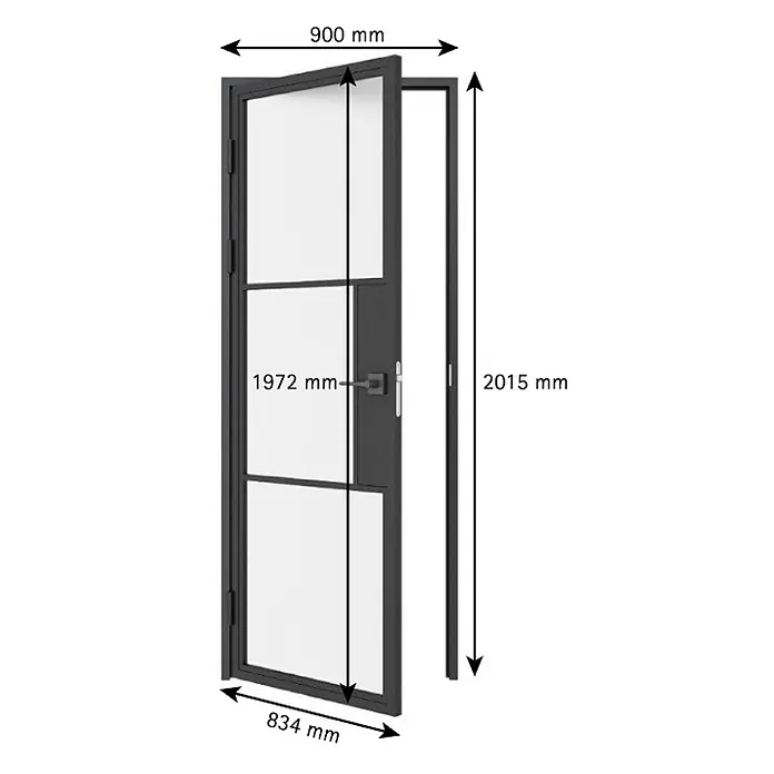 Inova Zimmertür Glasdrehtür ESG Glastür Komplettset DIN Links 83 x 197 cm - 834 x 1.972 mm, DIN Anschlag: Links, Schwarz - Dunkelgraue Metallrahmentür mit Glasfeldern, zeigt Rahmenmaße von 900 mm Breite und 2015 mm Höhe sowie Türblattmaße.