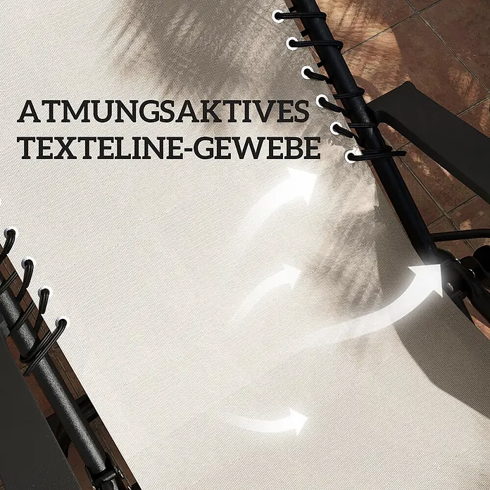 Outsunny Garten-Liegestuhl - 2 Stk., Metall, Texteline (70 % Kunststoff, 30 % Polyester), Rückenlehne verstellbar, Beige - Atmungsaktives beiges Textilene-Gewebe mit Luftstrompfeilen.