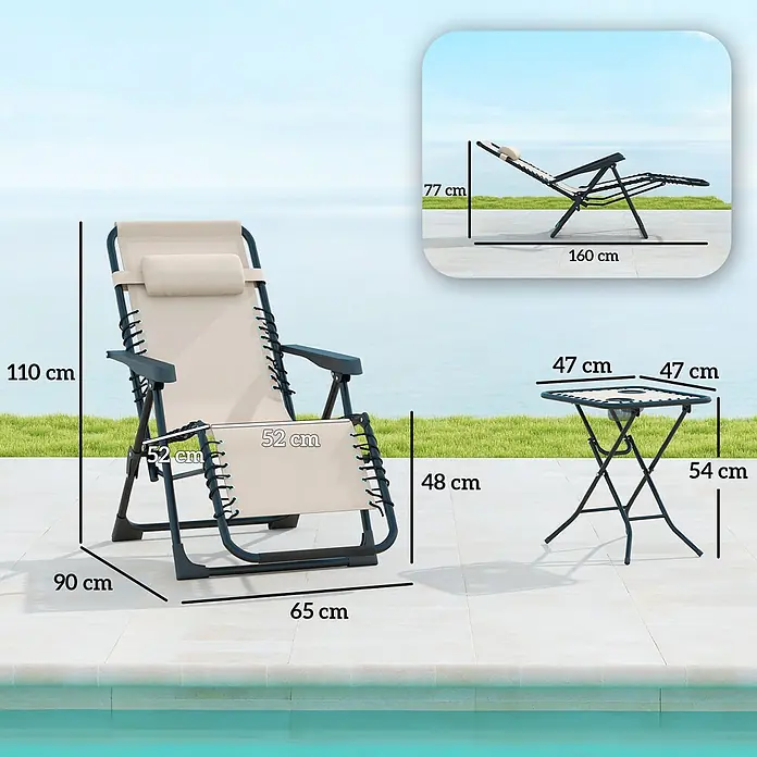 Outsunny Garten-Liegestuhl - 2 Stk., Metall, Texteline (70 % Kunststoff, 30 % Polyester), Rückenlehne verstellbar, Beige - Beiger Zero-Gravity-Stuhl und passender Klapptisch mit Maßen am Pool dargestellt.