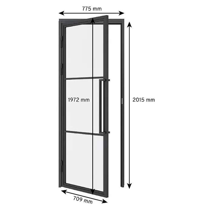 Inova Zimmertür Glasdrehtür ESG Glastür Komplettset 709 x 1972 Klarglas Griffstange - 709 x 1.972 mm, DIN Anschlag: Links, Schwarz - Dunkelgraue Industrietür mit Metallrahmen, Glaspaneelen und Griff, Gesamtmaße 775x2015 mm.