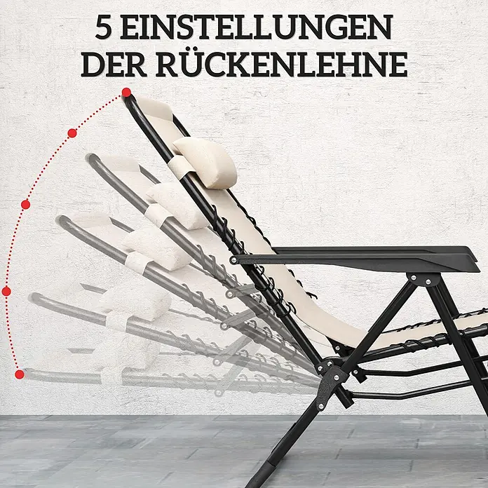 Outsunny Garten-Liegestuhl - 2 Stk., Metall, Texteline (70 % Kunststoff, 30 % Polyester), Rückenlehne verstellbar, Beige - Beiger Schwerelosigkeitssessel mit schwarzem Gestell, der 5 verstellbare Rückenlehnenpositionen demonstriert, mit rotem Bogen als Bewegungsanzeige.