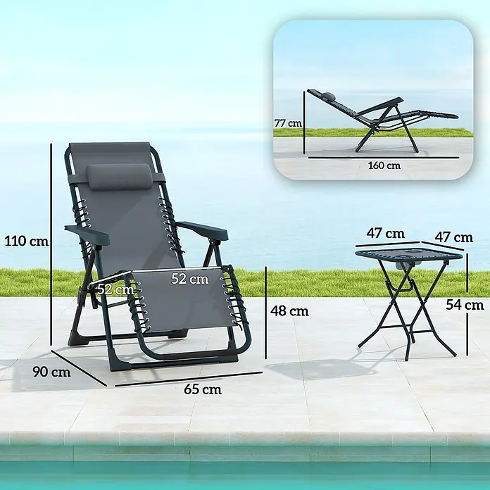 Outsunny Garten-Liegestuhl - Metall, Texteline (70 % Kunststoff, 30 % Polyester), Rückenlehne verstellbar, Dunkelgrau, B x T x H: 65 x 90 x 110 cm - Dunkelgrauer Zero-Gravity-Liegestuhl (110x90x65cm) und Klapptisch (54x47x47cm) mit Getränkehaltern am Pool.