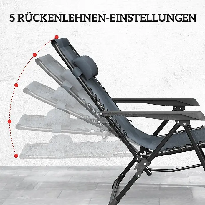 Outsunny Garten-Liegestuhl - Metall, Texteline (70 % Kunststoff, 30 % Polyester), Rückenlehne verstellbar, Dunkelgrau, B x T x H: 65 x 90 x 110 cm - Dunkelgrauer Relaxsessel mit schwarzem Gestell und Armlehnen, der 5 verstellbare Rückenlehnenpositionen zeigt.