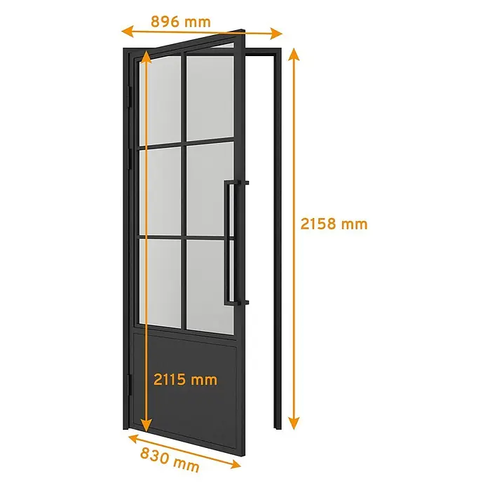 Inova Zimmertür Glasdrehtür ESG Glastür Komplettset 830 x2115 Klarglas Griffstange 6 - 830 x 2.115 mm, DIN Anschlag: Links, Schwarz - Industrielle schwarze Metall-Glastür mit massivem Unterteil.