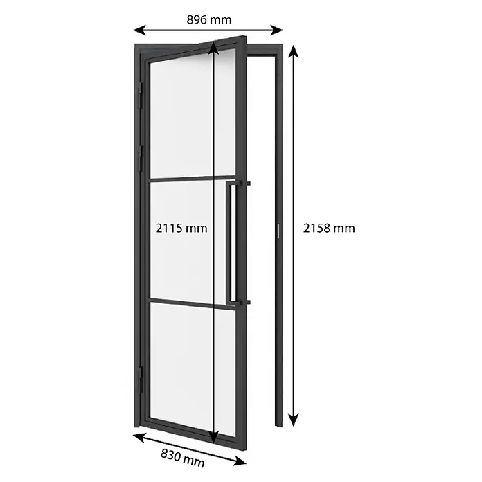 Inova Zimmertür Glasdrehtür ESG Glastür Komplettset 830 x 2115 Satiniert Griffstange - 830 x 2.115 mm, DIN Anschlag: Links, Schwarz - Moderne Tür mit dunklem Rahmen und Glaspaneelen, inklusive Griff und Zarge. Maße: Gesamt 896x2158mm, Türblatt 830x2115mm.