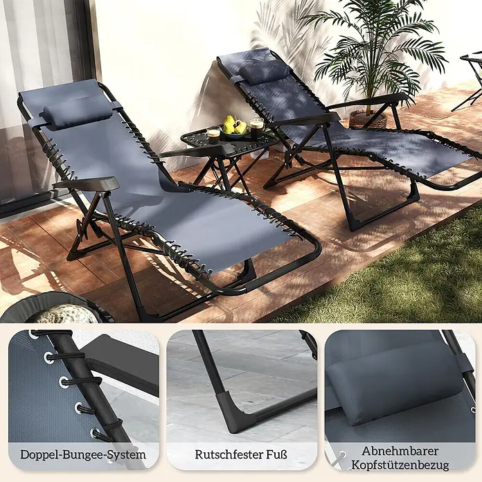 Outsunny Garten-Liegestuhl - Metall, Texteline (70 % Kunststoff, 30 % Polyester), Rückenlehne verstellbar, Dunkelgrau, B x T x H: 65 x 90 x 110 cm - Zwei graue Schwerelosigkeitsliegen mit Beistelltisch auf einer Terrasse. Merkmale: Doppel-Bungee-System, rutschfeste Füße, abnehmbarer Kopfstützenbezug.