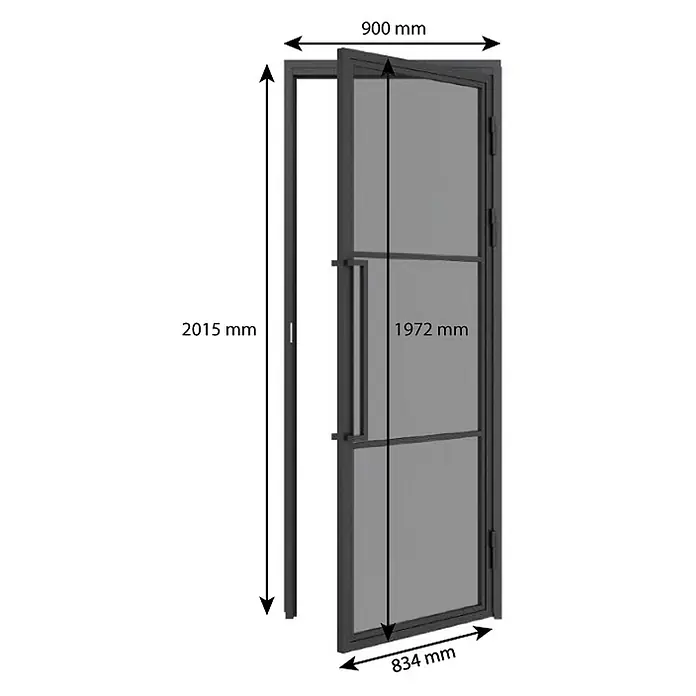 Inova Zimmertür Glasdrehtür ESG Glastür Komplettset DINRechts 83 x 197 cm - 834 x 1.972 mm, DIN Anschlag: Rechts, Schwarz - Dunkel gerahmte Glastür mit mehreren Glasfeldern, teilweise geöffnet, Maße angegeben.