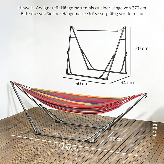 Outsunny Hängemattengestell - Stahl, Schwarz,Silber - Bunte Hängematte auf dunklem Metallgestell mit vollständigen Abmessungen. Geeignet für Hängematten bis 270 cm.