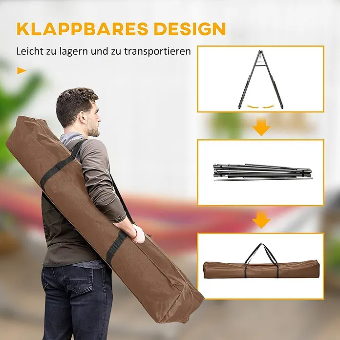 Outsunny Hängemattengestell - Stahl, Schwarz,Silber - Mann trägt eine braune Tragetasche mit zerlegtem, dunklem Klappgestell. Einsätze zeigen das Gestell zerlegt und in der Tasche verpackt.