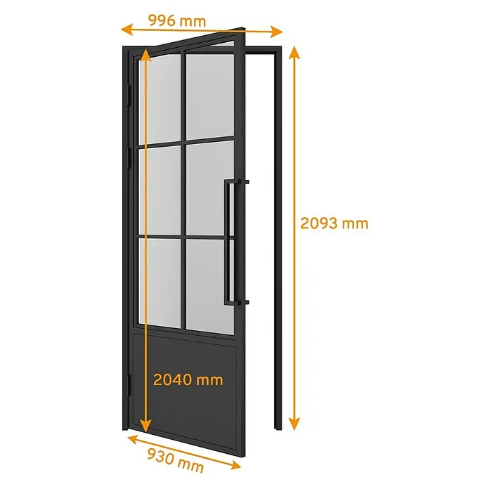 Inova Zimmertür Glasdrehtür ESG Glastür Komplettset 930 x 2040 Klarglas Griffstange - 930 x 2.040 mm, DIN Anschlag: Links, Schwarz - Schwarze Innentür aus Metallrahmen mit Glaspaneelen und massiver unterer Füllung, Industriestil.