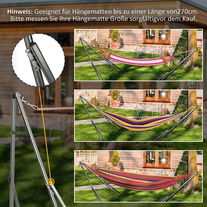 Outsunny Hängemattengestell - Stahl, Schwarz,Silber - Grauer Metall-Hängemattenständer im Garten, mit drei verschiedenen bunten Hängematten und verstellbaren Merkmalen.