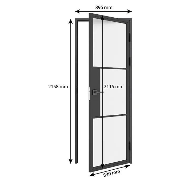 Inova Zimmertür Glasdrehtür ESG Glastür Komplettset 830 x 2115 Satiniert Klinke - 830 x 2.115 mm, DIN Anschlag: Rechts, Schwarz - Dunkelgraue Metalltür mit Glaseinsätzen und Rahmen, Maße 896x2158 mm.