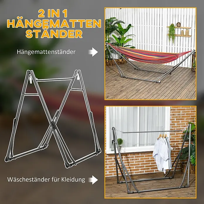 Outsunny Hängemattengestell - Stahl, Schwarz,Silber - Versatiler dunkelgrauer Metallständer, umwandelbar zwischen Hängemattengestell mit bunter Hängematte und Wäscheständer mit Kleidung.