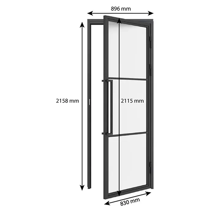 Inova Zimmertür Glasdrehtür ESG Glastür Komplettset 830 x 2115 Satiniert Griffstange - 830 x 2.115 mm, DIN Anschlag: Rechts, Schwarz - Schwarze Metall-Innentür mit Rahmen, mehreren Glasscheiben und einem langen Griff, mit Maßen.
