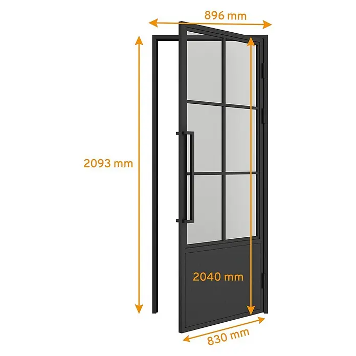 Inova Zimmertür Lofttür Komplettset Stahl DIN Rechts - 830 x 2.040 mm, DIN Anschlag: Rechts, Schwarz - Schwarze Industrietür aus Metall und Glas mit Rahmen und Griff, zeigt Gesamtmaße (2093x896mm).