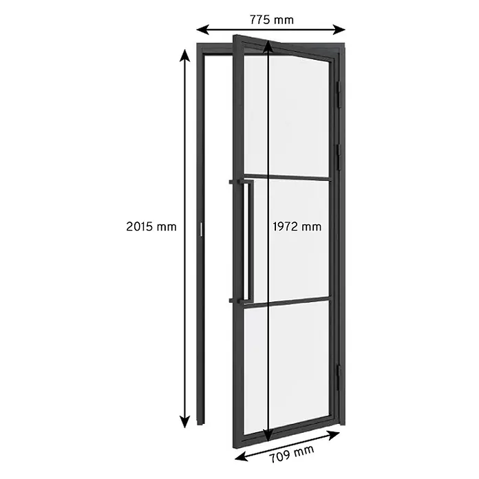Inova Zimmertür Glasdrehtür ESG Glastür Komplettset 709 x 1972 Klarglas Griffstange - 709 x 1.972 mm, DIN Anschlag: Rechts, Schwarz - Dunkelgraue Metallrahmentür mit Glasfüllungen, teilweise geöffnet dargestellt.