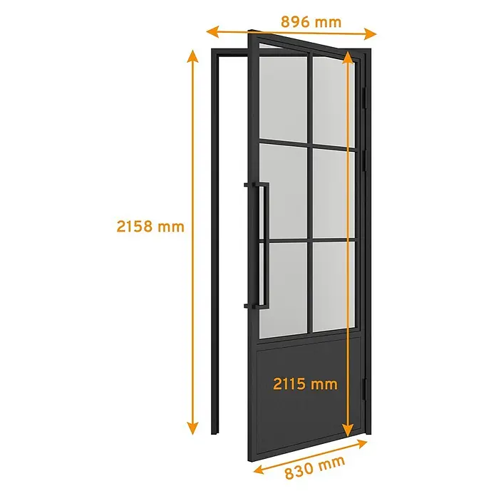 Inova Zimmertür Glasdrehtür ESG Glastür Komplettset 830 x 2115 mm Klarglas Griffstange - 830 x 2.115 mm, DIN Anschlag: Rechts, Schwarz - Schwarzmetall-Glastür mit Rahmenmaßen 896x2158 mm und Türblattmaßen 830x2115 mm.