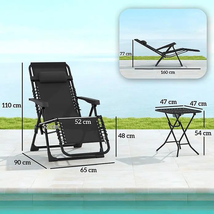 Outsunny Garten-Liegestuhl - Metall, Texteline (70 % Kunststoff, 30 % Polyester), Rückenlehne verstellbar, Schwarz, B x T x H: 65 x 90 x 110 cm - Schwarzer Zero-Gravity-Liegestuhl und passender Klapptisch, Outdoor-Set mit Maßen.