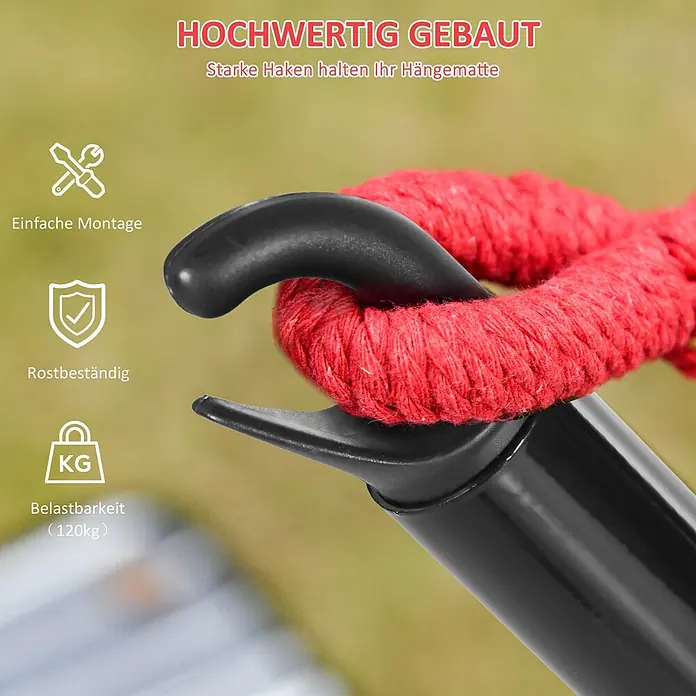 Outsunny Hängemattengestell - Stahl, Schwarz - Schwarz, rostbeständiger Haken mit rotem Seil für eine Hängematte, robust gebaut und bis zu 120 kg belastbar.