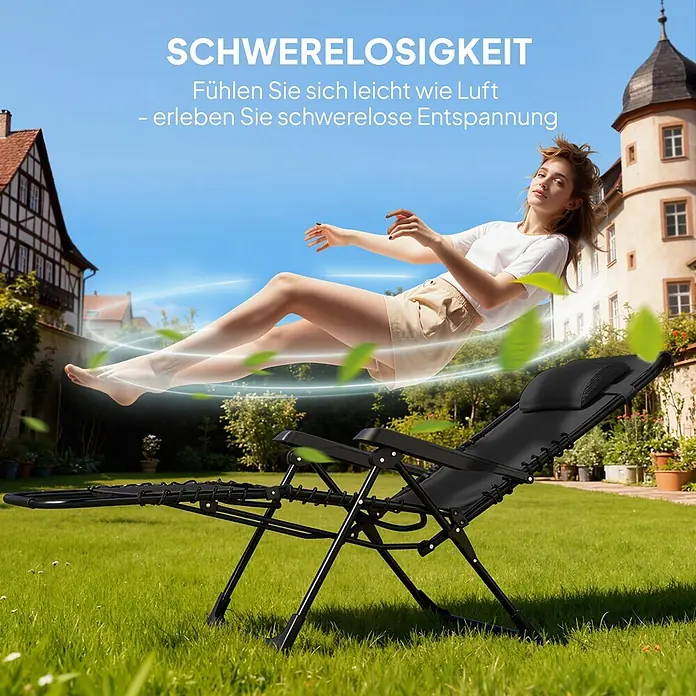 Outsunny Garten-Liegestuhl - Metall, Texteline (70 % Kunststoff, 30 % Polyester), Rückenlehne verstellbar, Schwarz, B x T x H: 65 x 90 x 110 cm - Schwarzer Schwerelosigkeitsliegestuhl für mühelose, schwerelose Entspannung.