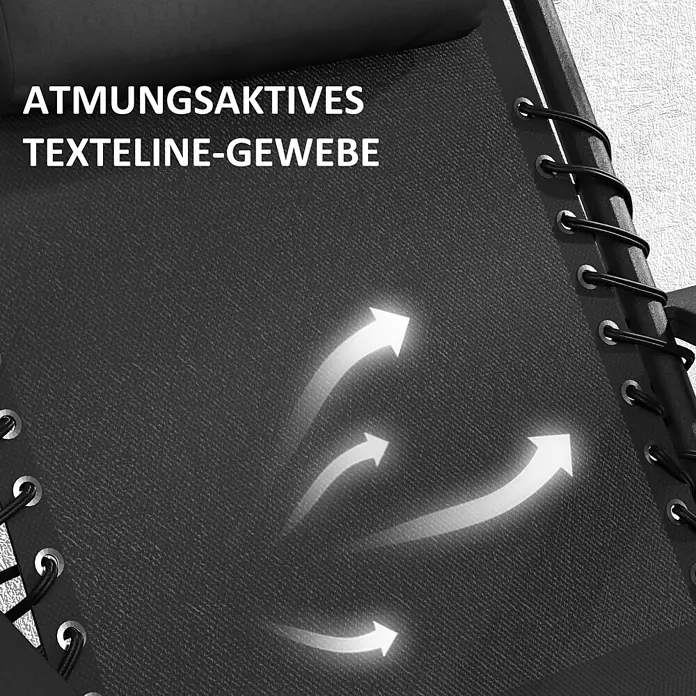 Outsunny Garten-Liegestuhl - Metall, Texteline (70 % Kunststoff, 30 % Polyester), Rückenlehne verstellbar, Schwarz, B x T x H: 65 x 90 x 110 cm - Schwarzes, atmungsaktives Textilene-Gewebe eines Stuhls, mit Luftstrompfeilen hervorgehoben.