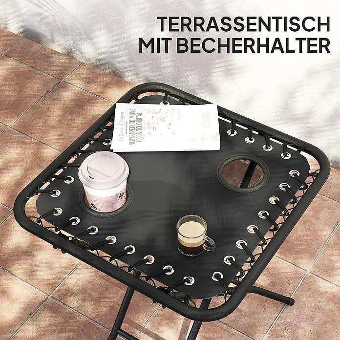Outsunny Garten-Liegestuhl - Metall, Texteline (70 % Kunststoff, 30 % Polyester), Rückenlehne verstellbar, Schwarz, B x T x H: 65 x 90 x 110 cm - Schwarzer Terrassentisch mit zwei Becherhaltern und gespannter Oberfläche.