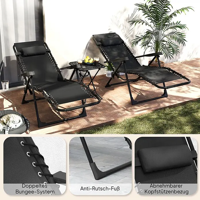 Outsunny Garten-Liegestuhl - Metall, Texteline (70 % Kunststoff, 30 % Polyester), Rückenlehne verstellbar, Schwarz, B x T x H: 65 x 90 x 110 cm - Zwei schwarze Zero-Gravity-Liegestühle mit Beistelltisch auf einer Terrasse. Details zeigen Bungee-System, Anti-Rutsch-Füße und abnehmbare Kopfstütze.